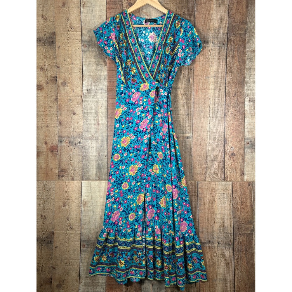 ZESICA Teal Floral Wrap Maxi Dress Short Sleeve Boho Ruffle Hem Medium Prairie